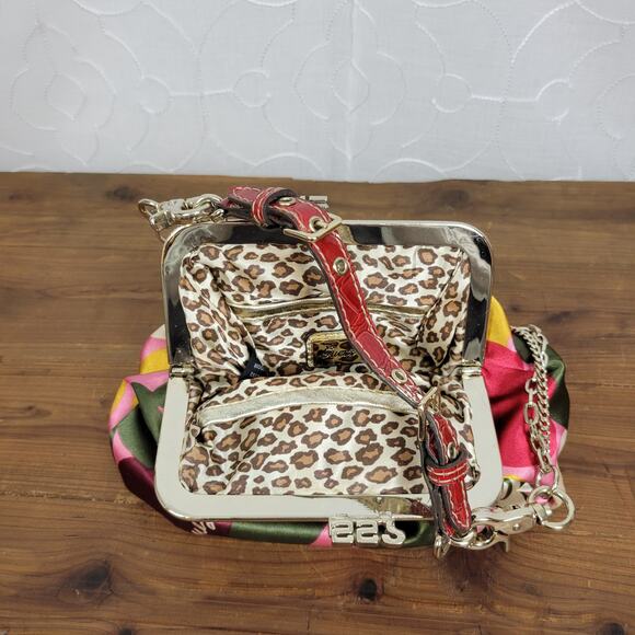 Guess Satin Handbag Small Purple Pink Floral Spell Out Alligator Leopard Chain - Picture 2 of 10